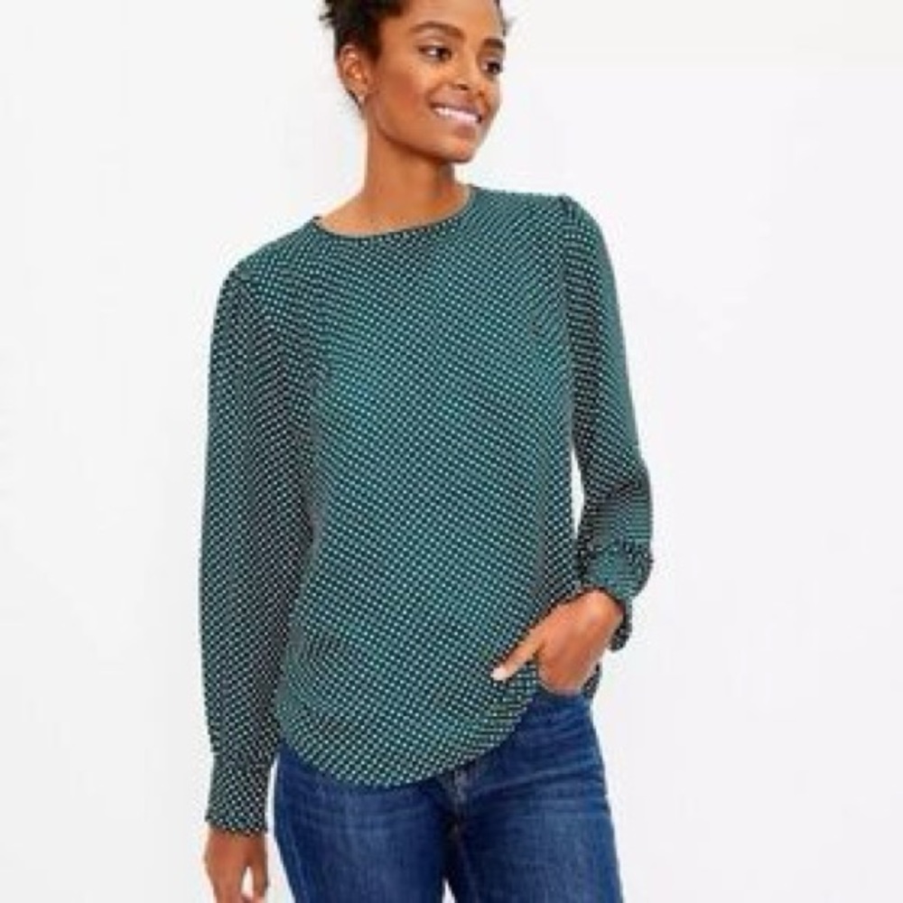 Loft Green Polka Dot Long Sleeve Women's Top Blouse Size LP nwt